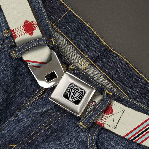 Buckle Down BD Wings Logo CLOSE-UP Full Color Black Silver Seatbelt Belt - Fire Hydrants/Stripes Tan/Blues/Reds Webbing