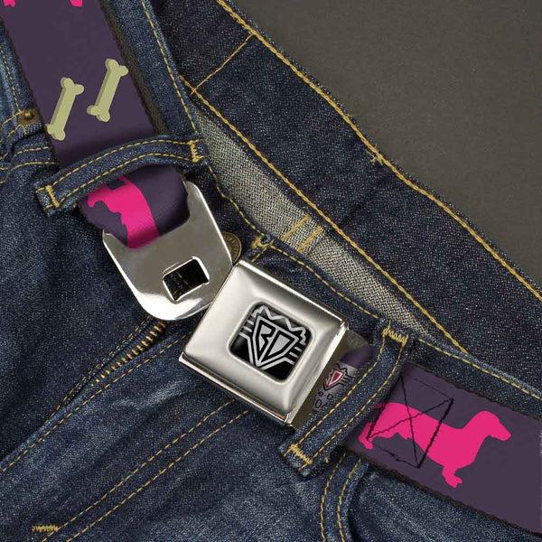 Buckle Down BD Wings Logo CLOSE-UP Full Color Black Silver Seatbelt Belt - Dachshunds & Bones Purple/Fuchsia/Green Webbing