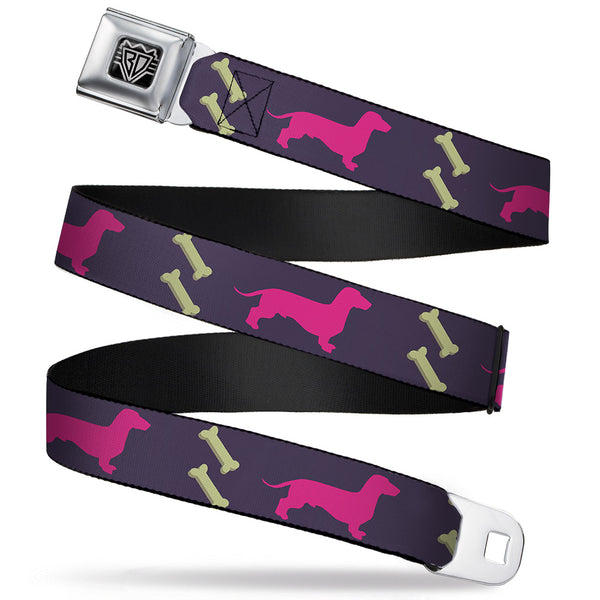 buckle down BD Wings Logo CLOSE-UP Full Color Black Silver Seatbelt Belt - Dachshunds & Bones Purple/Fuchsia/Green Webbing