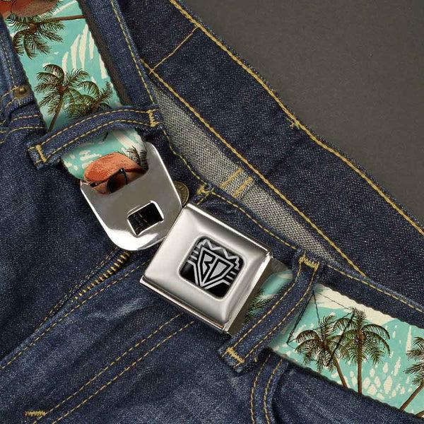 Buckle Down BD Wings Logo CLOSE-UP Full Color Black Silver Seatbelt Belt - Dachshund In Shades W/Palm Trees Webbing