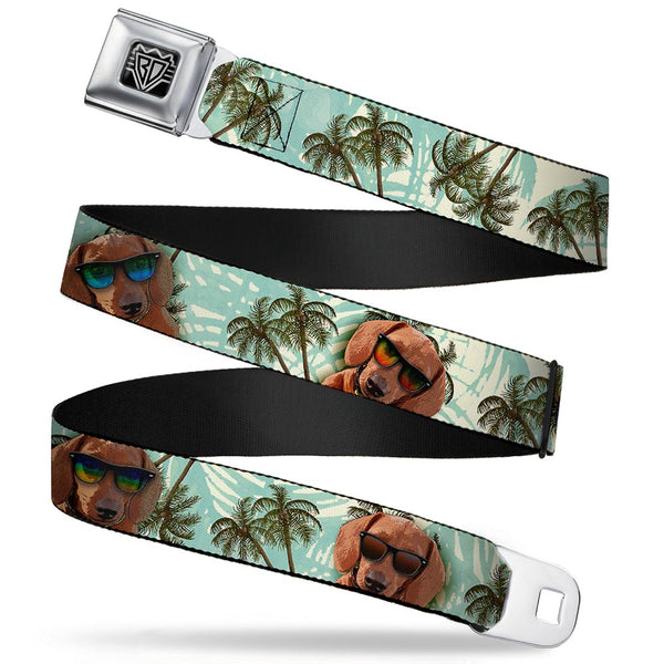 buckle down BD Wings Logo CLOSE-UP Full Color Black Silver Seatbelt Belt - Dachshund in Shades w/Palm Trees Webbing