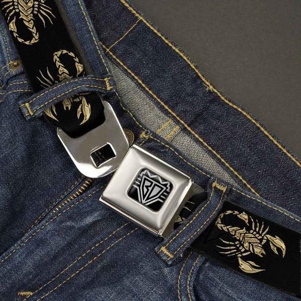 Buckle Down BD Wings Logo CLOSE-UP Full Color Black Silver Seatbelt Belt - Scorpion Webbing