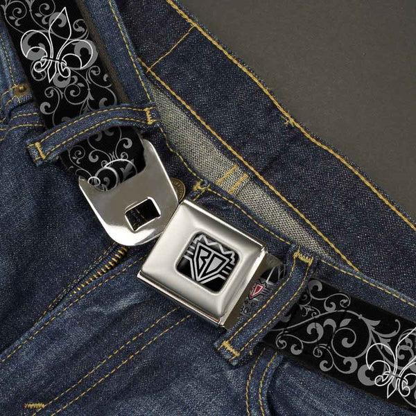 Buckle Down BD Wings Logo CLOSE-UP Full Color Black Silver Seatbelt Belt - Fleur-de-Lis Outline W/Filigree Black/Gray Webbing