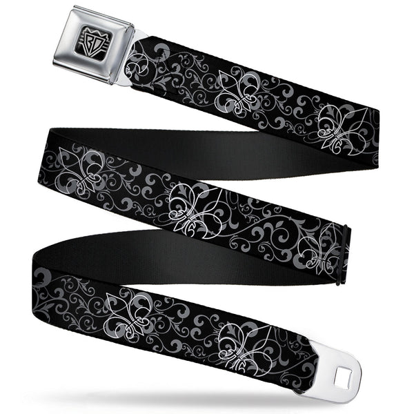 buckle down BD Wings Logo CLOSE-UP Full Color Black Silver Seatbelt Belt - Fleur-de-Lis Outline w/Filigree Black/Gray Webbing