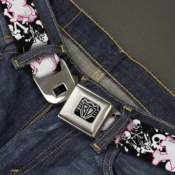 Buckle Down BD Wings Logo CLOSE-UP Full Color Black Silver Seatbelt Belt - Heart & Cross Bones W/Skulls & Splatter Black/White Webbing