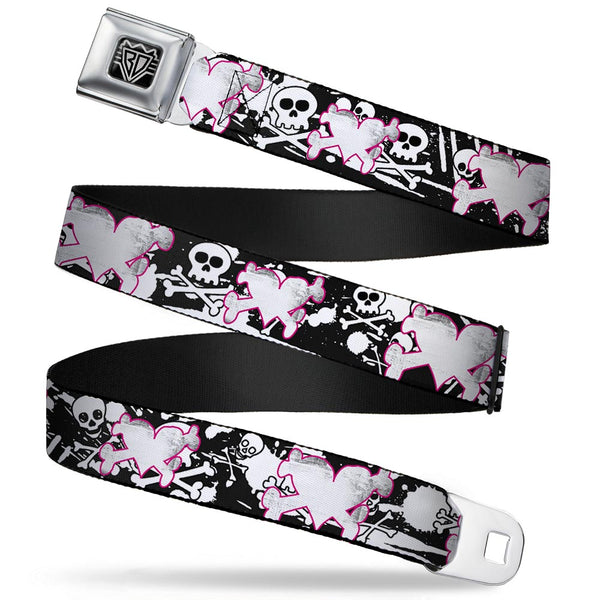 buckle down BD Wings Logo CLOSE-UP Full Color Black Silver Seatbelt Belt - Heart & Cross Bones w/Skulls & Splatter Black/White Webbing