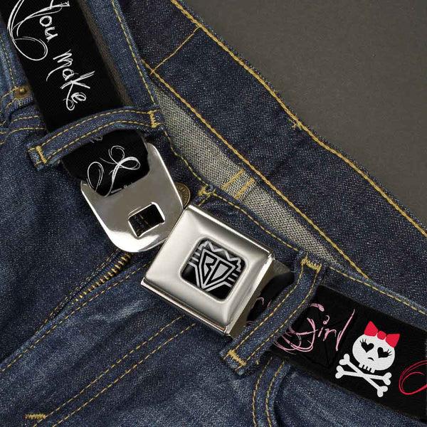 Buckle Down BD Wings Logo CLOSE-UP Full Color Black Silver Seatbelt Belt - Angry Girl/Mad As Hell/You Make Me Sick Webbing