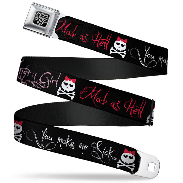 buckle down BD Wings Logo CLOSE-UP Full Color Black Silver Seatbelt Belt - Angry Girl/Mad As Hell/You Make Me Sick Webbing
