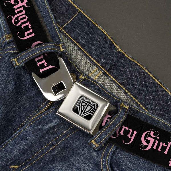 Buckle Down BD Wings Logo CLOSE-UP Full Color Black Silver Seatbelt Belt - Angry Girl Black/Pink Webbing
