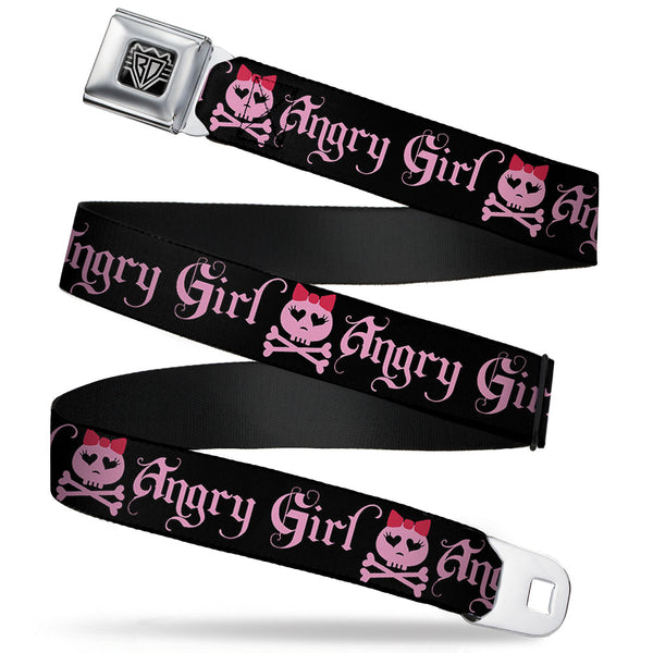 buckle down BD Wings Logo CLOSE-UP Full Color Black Silver Seatbelt Belt - Angry Girl Black/Pink Webbing