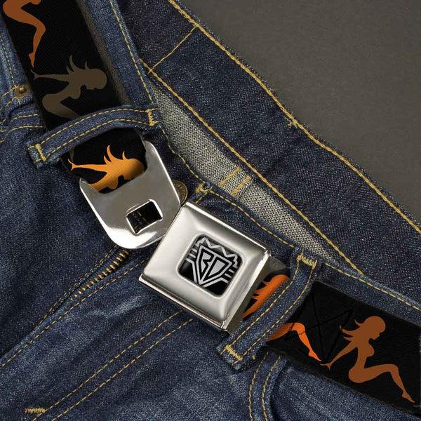 Buckle Down BD Wings Logo CLOSE-UP Full Color Black Silver Seatbelt Belt - Mud Flap Girl Repeat Black/Orange Fade Webbing