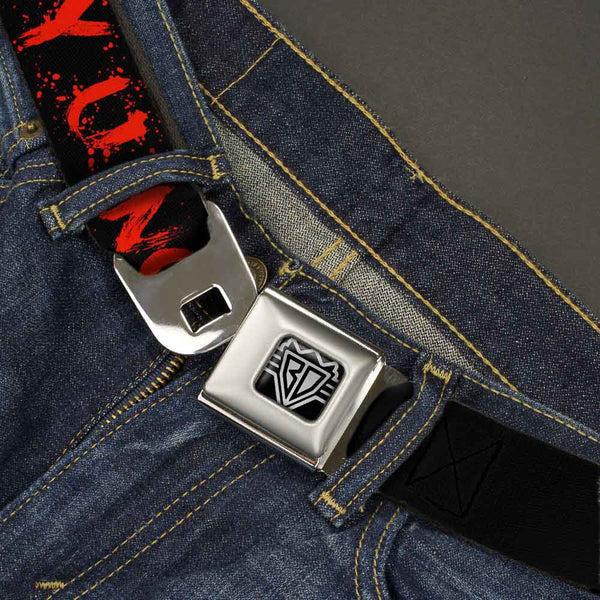 Buckle Down BD Wings Logo CLOSE-UP Full Color Black Silver Seatbelt Belt - Zombies Y U NO DIE Black/White/Red Webbing
