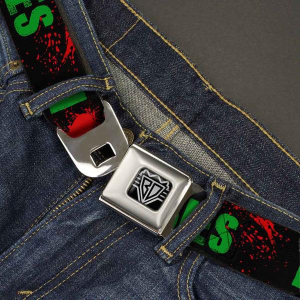 Buckle Down BD Wings Logo CLOSE-UP Full Color Black Silver Seatbelt Belt - I "HEART" ZOMBIES Black/Green/Red Splatter Webbing
