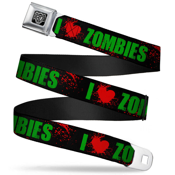 buckle down BD Wings Logo CLOSE-UP Full Color Black Silver Seatbelt Belt - I "HEART" ZOMBIES Black/Green/Red Splatter Webbing