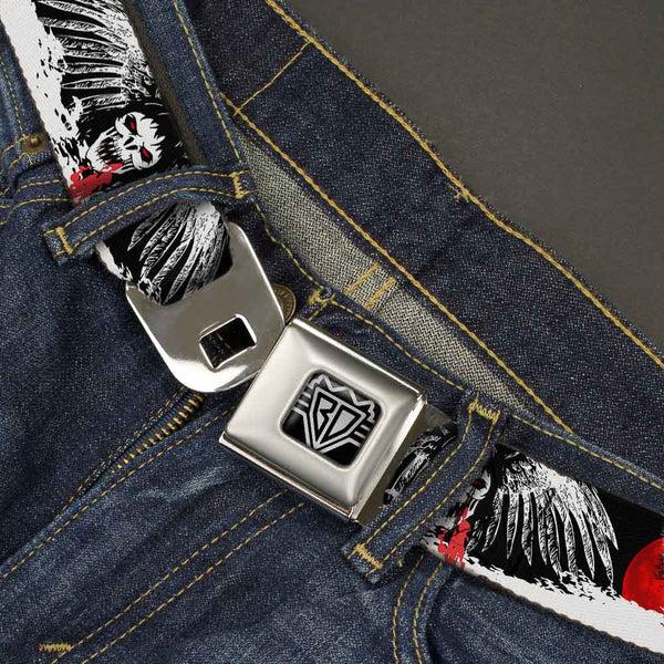 Buckle Down BD Wings Logo CLOSE-UP Full Color Black Silver Seatbelt Belt - Fright Night Black/White/Red Webbing