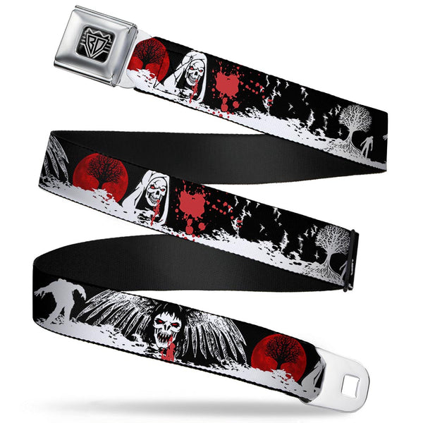 buckle down BD Wings Logo CLOSE-UP Full Color Black Silver Seatbelt Belt - Fright Night Black/White/Red Webbing
