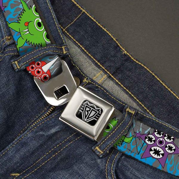 Buckle Down BD Wings Logo CLOSE-UP Full Color Black Silver Seatbelt Belt - Cute Monsters Gray/Flame Blue Webbing