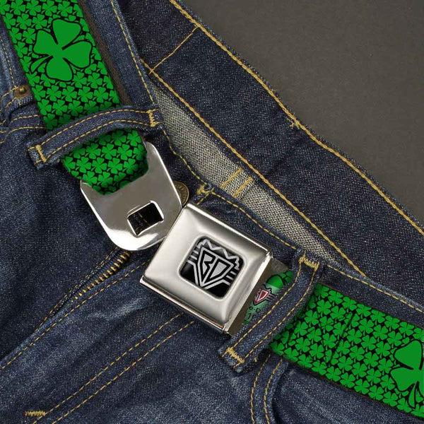 Buckle Down BD Wings Logo CLOSE-UP Full Color Black Silver Seatbelt Belt - St. Pat's Clovers/Green Webbing