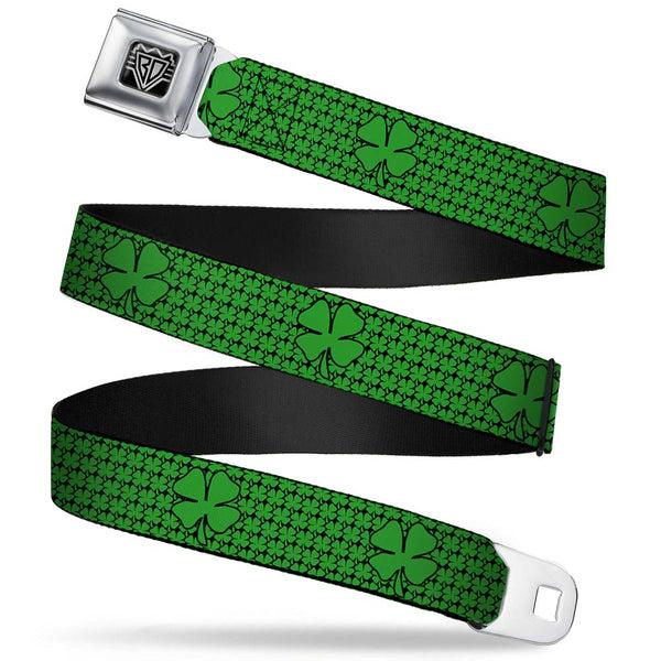 buckle down BD Wings Logo CLOSE-UP Full Color Black Silver Seatbelt Belt - St. Pat's Clovers/Green Webbing