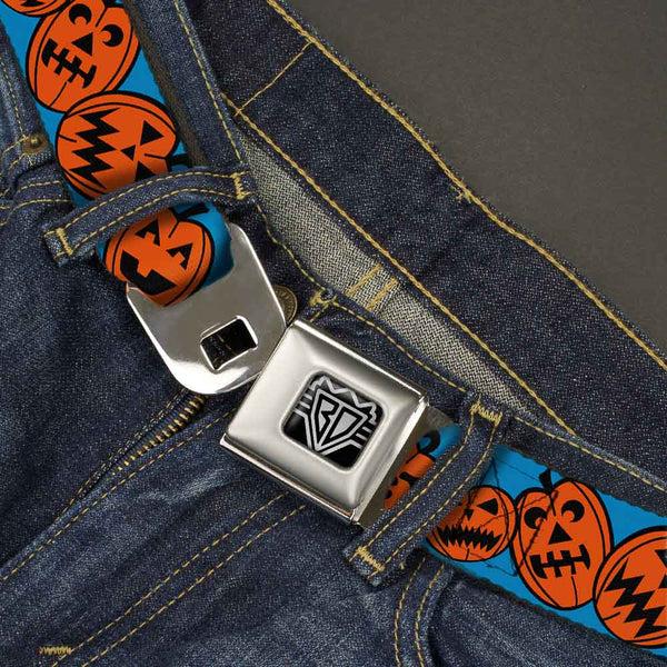 Buckle Down BD Wings Logo CLOSE-UP Full Color Black Silver Seatbelt Belt - Jack-o'-Lanterns Blue Webbing