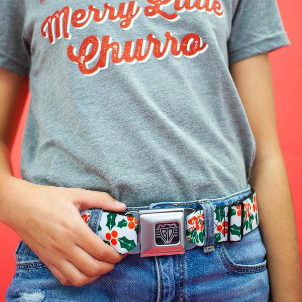 Buckle Down BD Wings Logo CLOSE-UP Full Color Black Silver Seatbelt Belt - Holly & Mistletoe Webbing