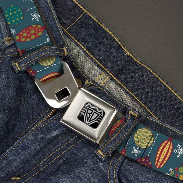 Buckle Down BD Wings Logo CLOSE-UP Full Color Black Silver Seatbelt Belt - Christmas Ornaments/Snowflakes Blue/White/Multi Color Webbing