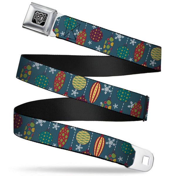 buckle down BD Wings Logo CLOSE-UP Full Color Black Silver Seatbelt Belt - Christmas Ornaments/Snowflakes Blue/White/Multi Color Webbing