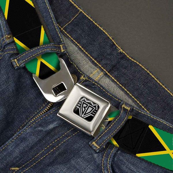 Buckle Down BD Wings Logo CLOSE-UP Full Color Black Silver Seatbelt Belt - Jamaica Flags Webbing