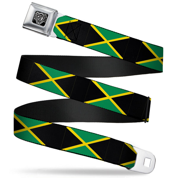 buckle down BD Wings Logo CLOSE-UP Full Color Black Silver Seatbelt Belt - Jamaica Flags Webbing