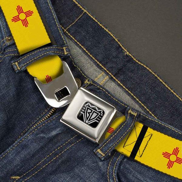 Buckle Down BD Wings Logo CLOSE-UP Full Color Black Silver Seatbelt Belt - New Mexico Flag/Black Webbing