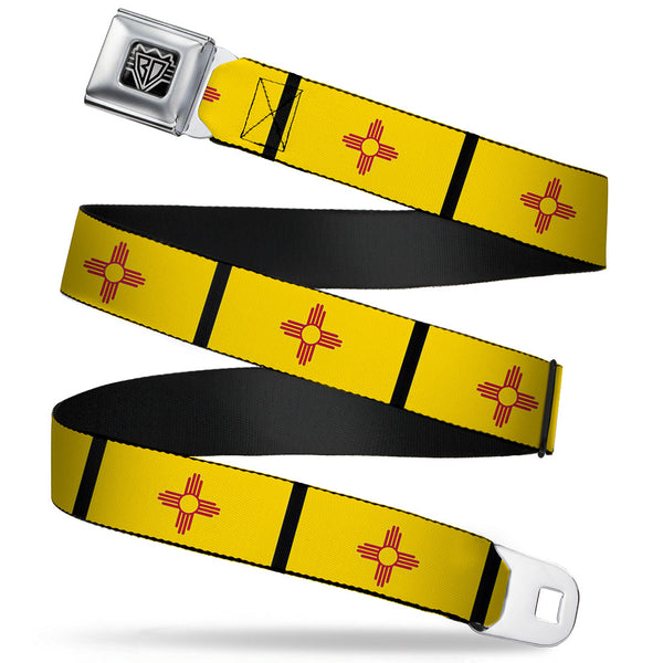 buckle down BD Wings Logo CLOSE-UP Full Color Black Silver Seatbelt Belt - New Mexico Flag/Black Webbing