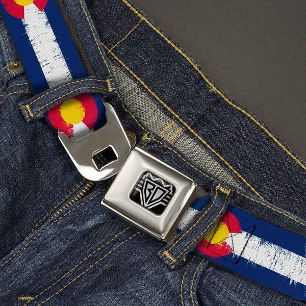 Buckle Down BD Wings Logo CLOSE-UP Full Color Black Silver Seatbelt Belt - Colorado Flags2 Repeat Weathered Webbing