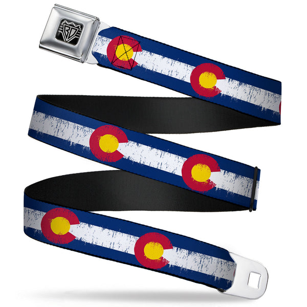 buckle down BD Wings Logo CLOSE-UP Full Color Black Silver Seatbelt Belt - Colorado Flags2 Repeat Weathered Webbing