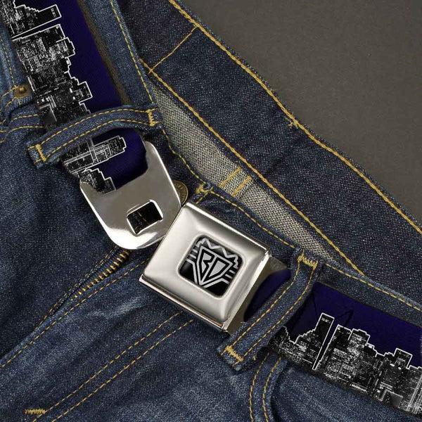 Buckle Down BD Wings Logo CLOSE-UP Full Color Black Silver Seatbelt Belt - San Francisco Vivid Skyline Midnight Blue Webbing