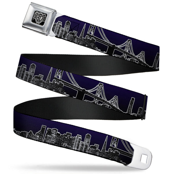 buckle down BD Wings Logo CLOSE-UP Full Color Black Silver Seatbelt Belt - San Francisco Vivid Skyline Midnight Blue Webbing
