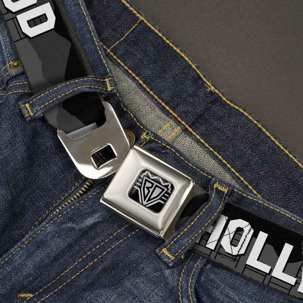 Buckle Down BD Wings Logo CLOSE-UP Full Color Black Silver Seatbelt Belt - HOLLYWOOD Sign Skyline Black/Grays/White Webbing