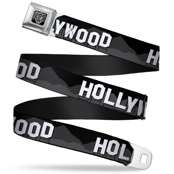 buckle down BD Wings Logo CLOSE-UP Full Color Black Silver Seatbelt Belt - HOLLYWOOD Sign Skyline Black/Grays/White Webbing