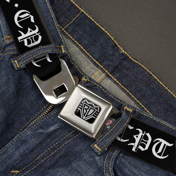 Buckle Down BD Wings Logo CLOSE-UP Full Color Black Silver Seatbelt Belt - COMPTON-CPT Black/White Webbing