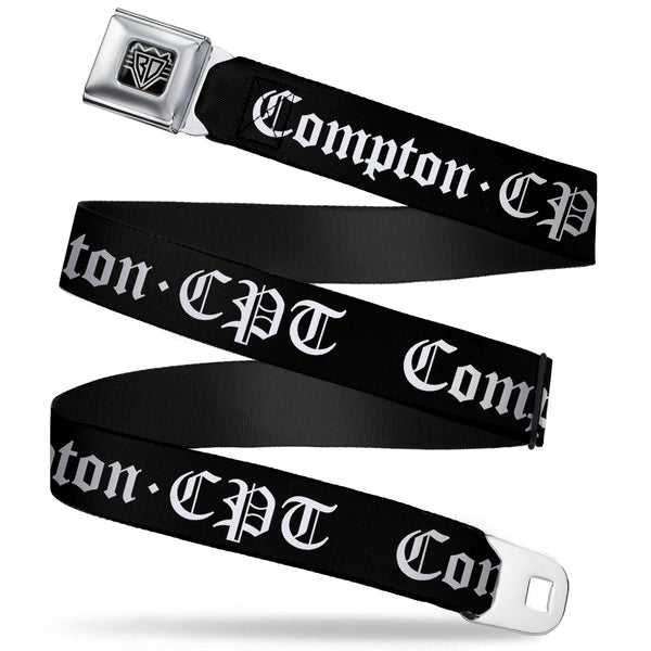 buckle down BD Wings Logo CLOSE-UP Full Color Black Silver Seatbelt Belt - COMPTON-CPT Black/White Webbing