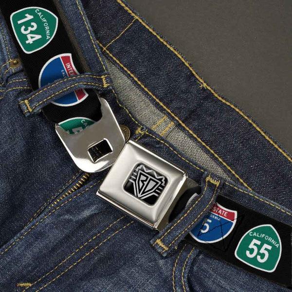 Buckle Down BD Wings Logo CLOSE-UP Full Color Black Silver Seatbelt Belt - California Highway Signs Black Webbing