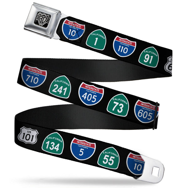 buckle down BD Wings Logo CLOSE-UP Full Color Black Silver Seatbelt Belt - California Highway Signs Black Webbing