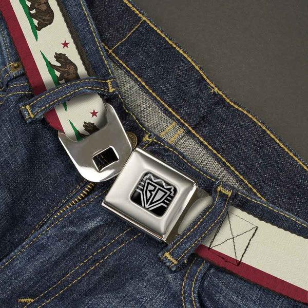 Buckle Down BD Wings Logo CLOSE-UP Full Color Black Silver Seatbelt Belt - California Flag Bear Weathered White Webbing