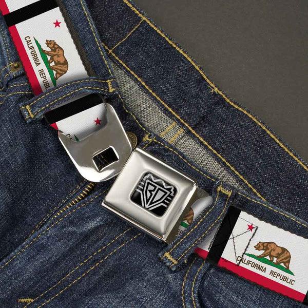 Buckle Down BD Wings Logo CLOSE-UP Full Color Black Silver Seatbelt Belt - California Flag Repeat/Black Webbing