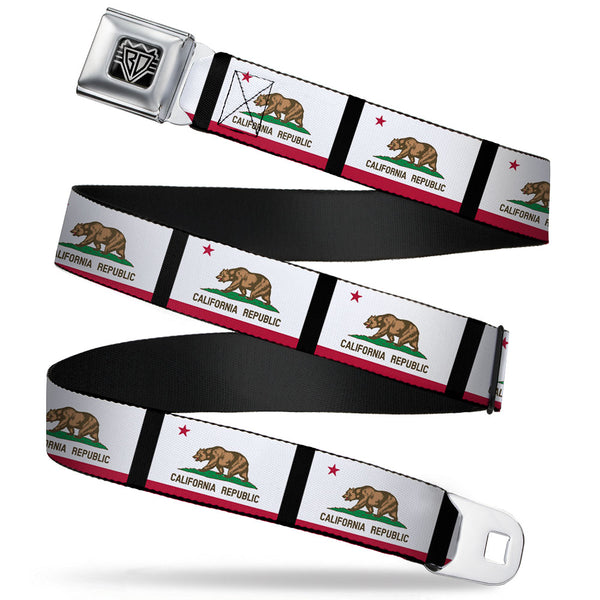 buckle down BD Wings Logo CLOSE-UP Full Color Black Silver Seatbelt Belt - California Flag Repeat/Black Webbing