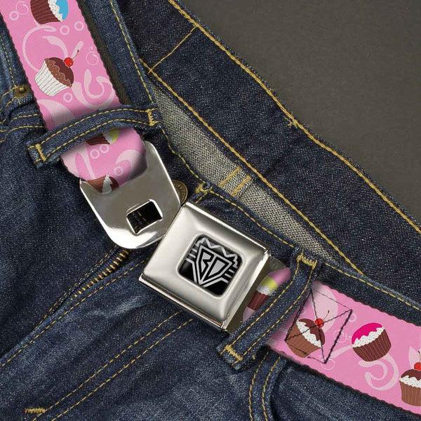 Buckle Down BD Wings Logo CLOSE-UP Full Color Black Silver Seatbelt Belt - Cupcake Swirls Pink/Multi Color Webbing