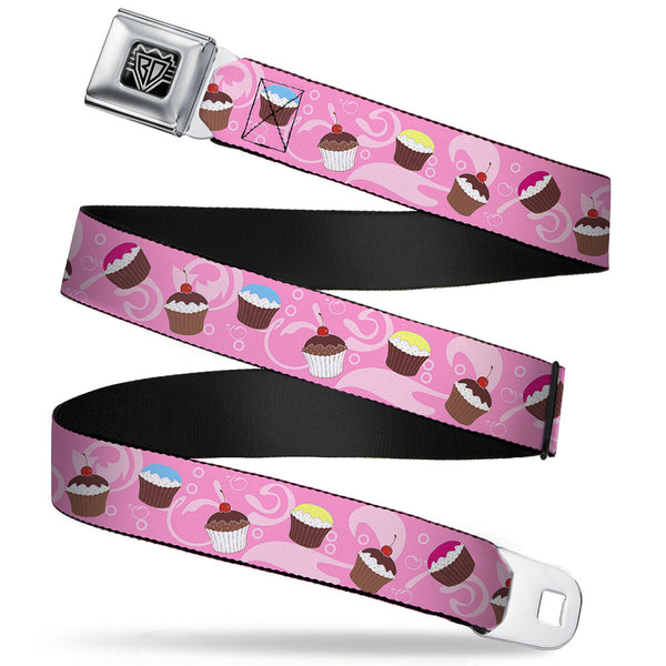 buckle down BD Wings Logo CLOSE-UP Full Color Black Silver Seatbelt Belt - Cupcake Swirls Pink/Multi Color Webbing