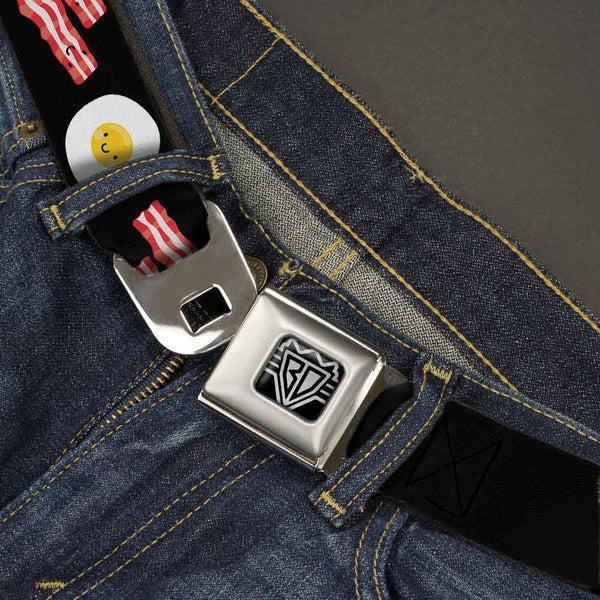 Buckle Down BD Wings Logo CLOSE-UP Full Color Black Silver Seatbelt Belt - Bacon & Eggs Black Webbing