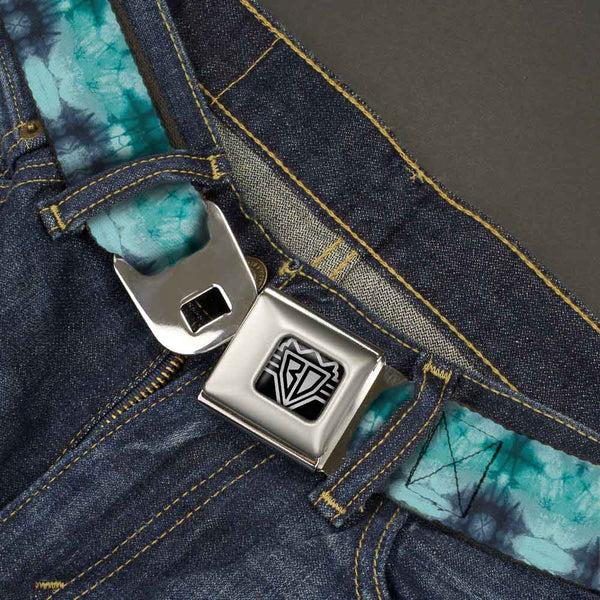 Buckle Down BD Wings Logo CLOSE-UP Full Color Black Silver Seatbelt Belt - Tie Dye Reflection Turquoise Blues Webbing