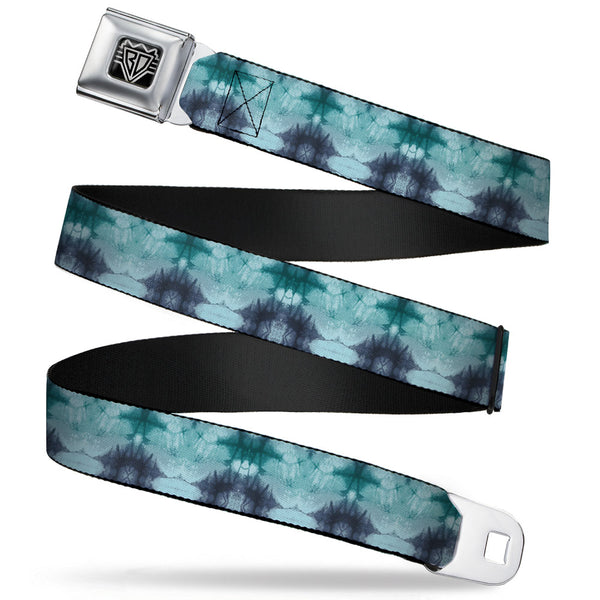 buckle down BD Wings Logo CLOSE-UP Full Color Black Silver Seatbelt Belt - Tie Dye Reflection Turquoise Blues Webbing