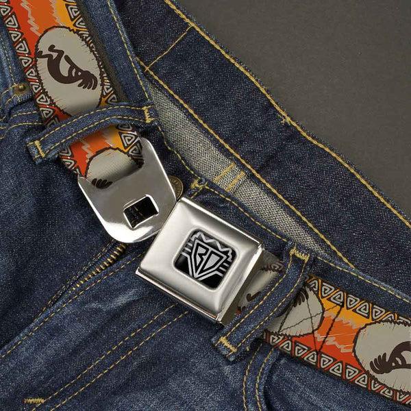 Buckle Down BD Wings Logo CLOSE-UP Full Color Black Silver Seatbelt Belt - Kokopelli Icon/Western Tan/Brown/Reds Webbing